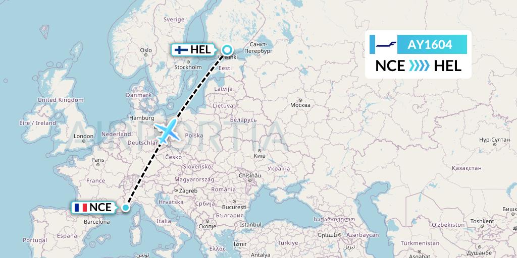 AY1604 Finnair Flight Map: Nice to Helsinki