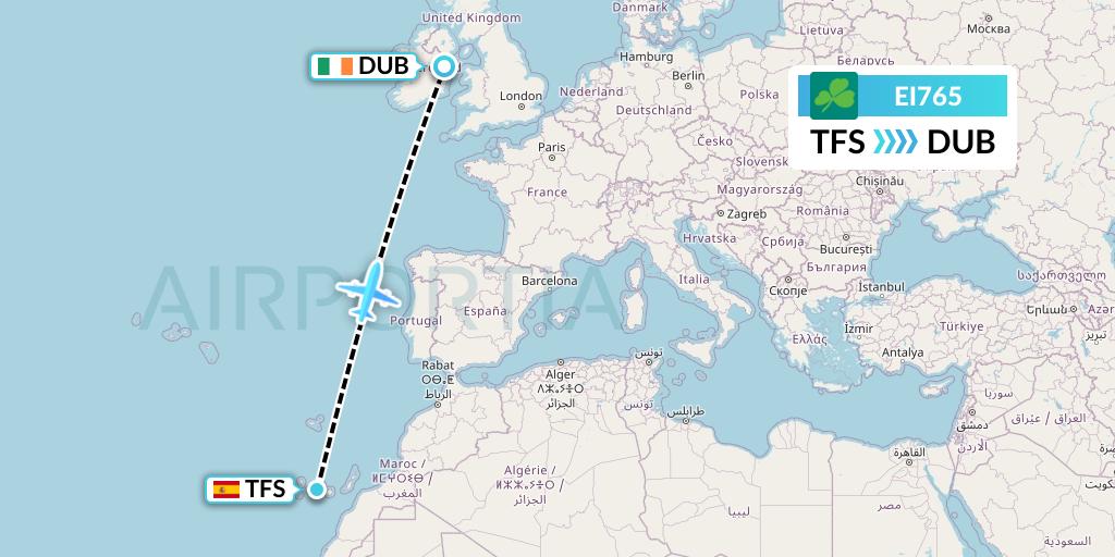 EI765 Aer Lingus Flight Map: Tenerife to Dublin