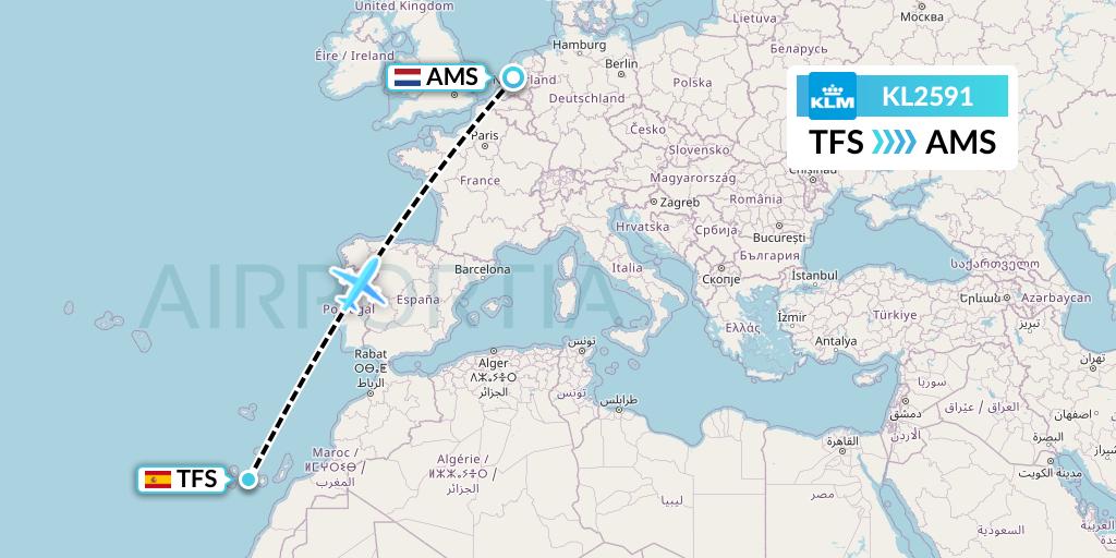 KL2591 KLM Flight Map: Tenerife to Amsterdam