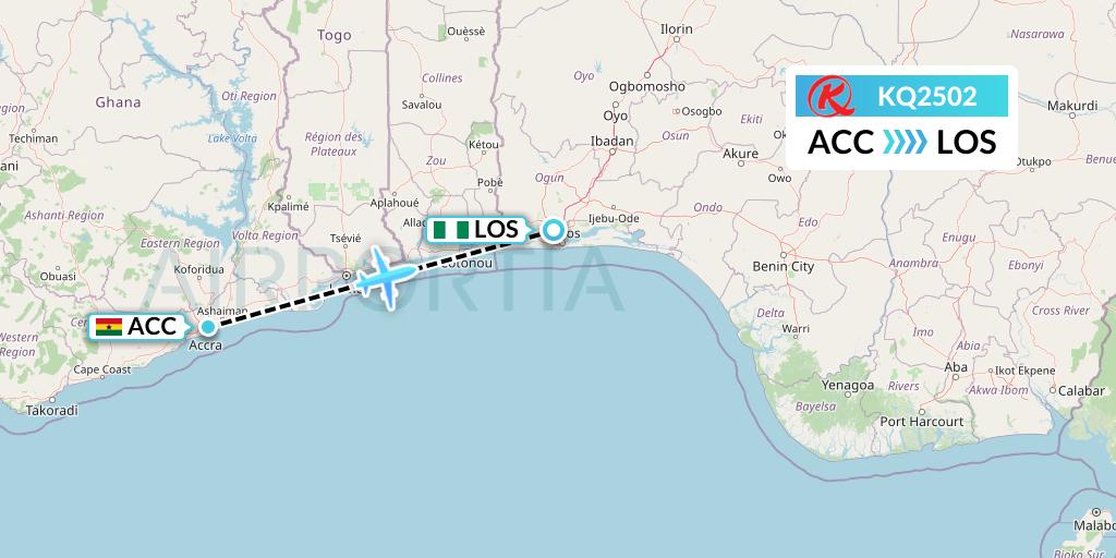 KQ2502 Kenya Airways Flight Map: Accra to Lagos