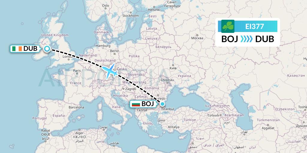 EI377 Aer Lingus Flight Map: Burgas to Dublin