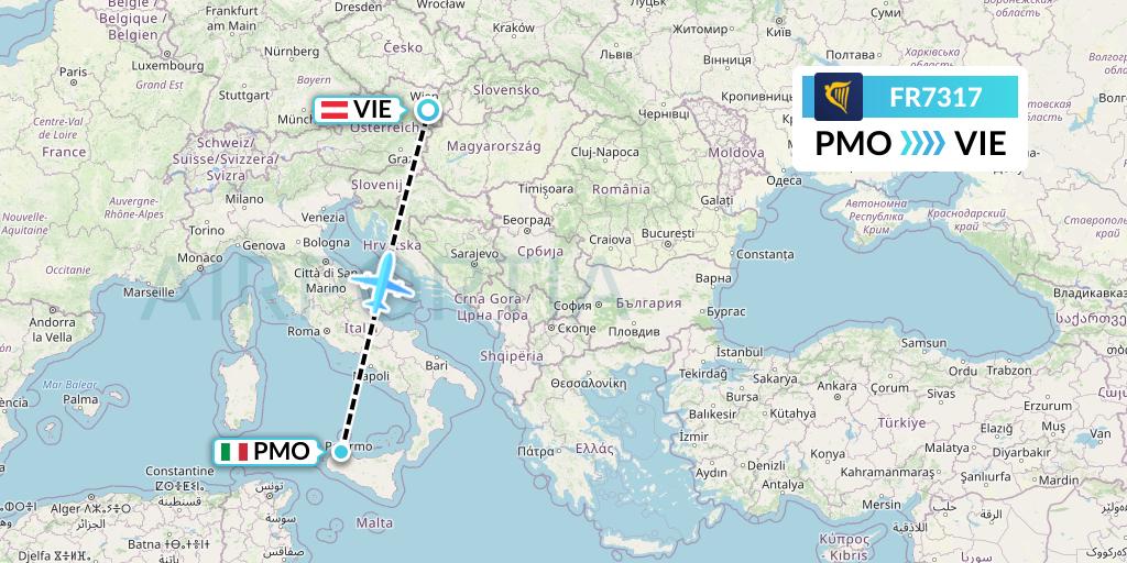 FR7317 Ryanair Flight Map: Palermo to Vienna