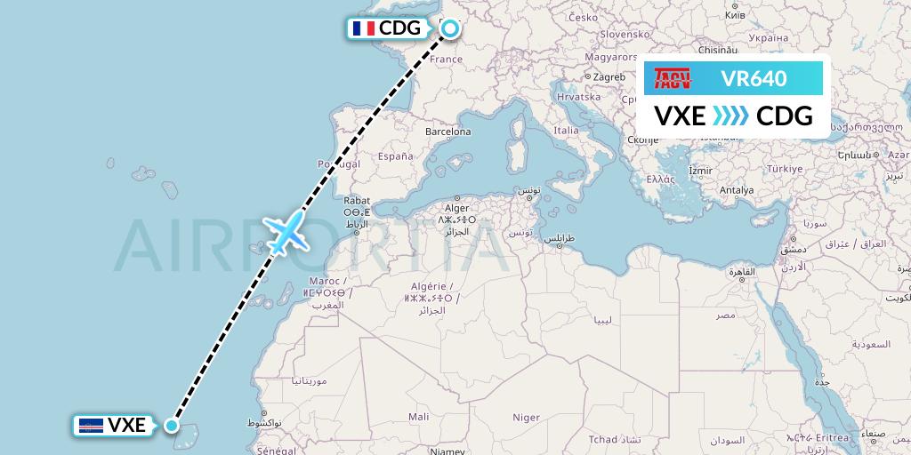 VR640 TACV Cape Verde Airlines Flight Map: Sao Vicente to Paris