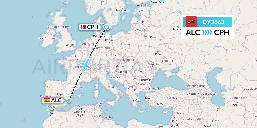 DY3663 Norwegian Flight Map: Alicante to Copenhagen