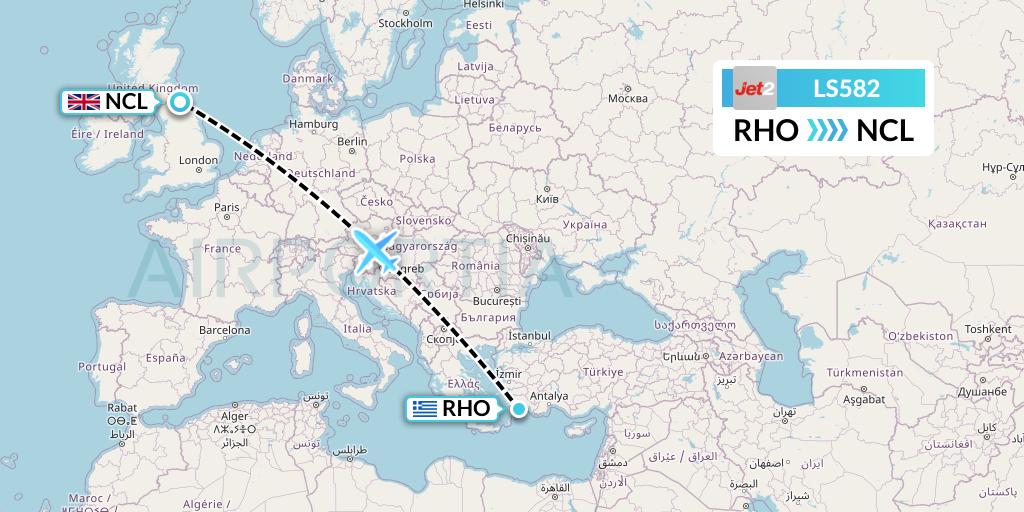 LS582 Jet2 Flight Map: Rhodes to Newcastle