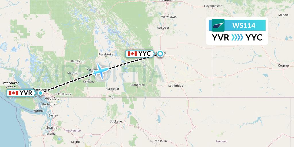 WS114 WestJet Flight Map: Vancouver to Calgary