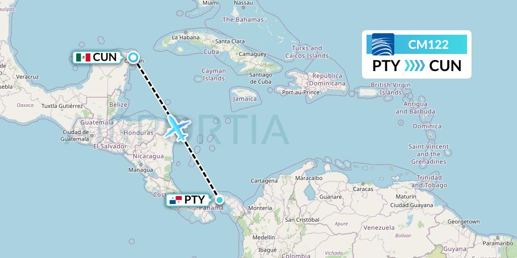 CM122 Copa Airlines Flight Map: Panama City to Cancun