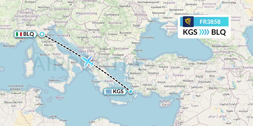 FR3858 Ryanair Flight Map: Kos to Bologna