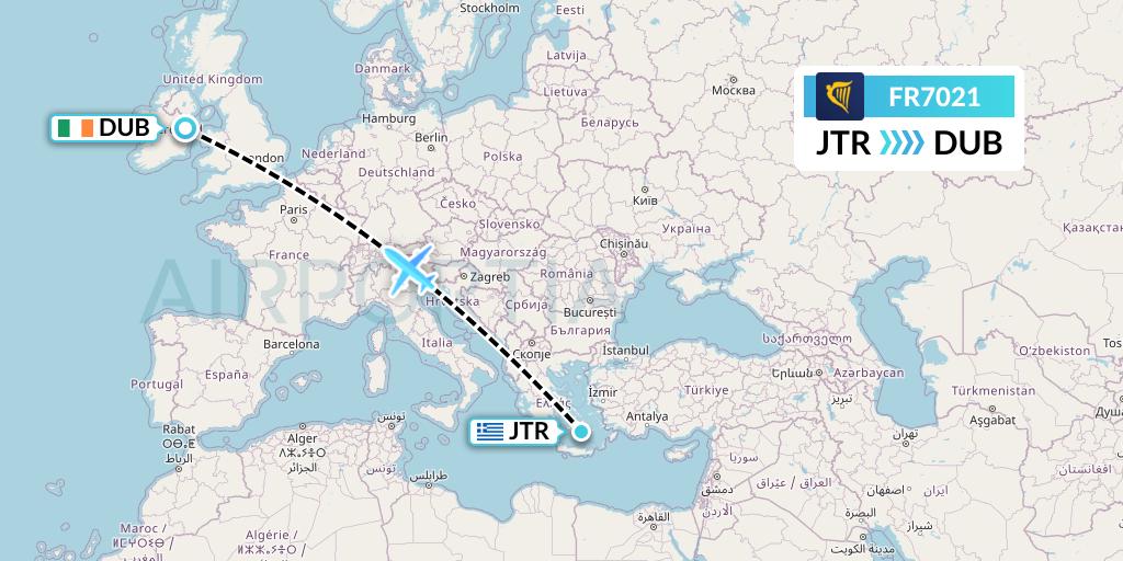 FR7021 Ryanair Flight Map: Santorini to Dublin