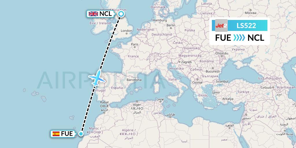 LS522 Jet2 Flight Map: Fuerteventura to Newcastle