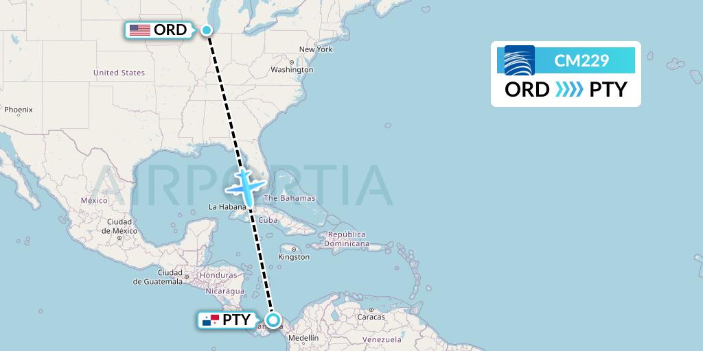 CM229 Copa Airlines Flight Map: Chicago to Panama City