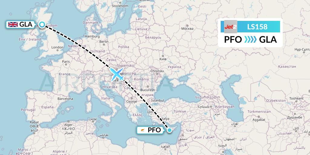 LS158 Jet2 Flight Map: Pafos to Glasgow