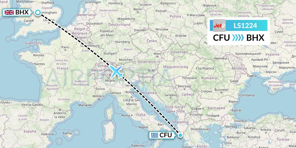 LS1224 Jet2 Flight Map: Corfu to Birmingham
