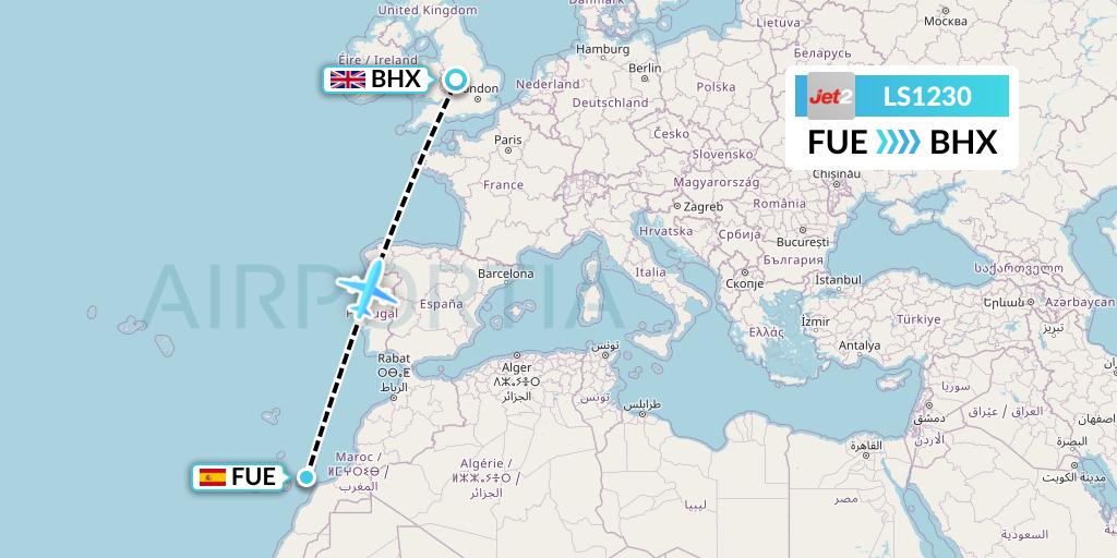 LS1230 Jet2 Flight Map: Fuerteventura to Birmingham