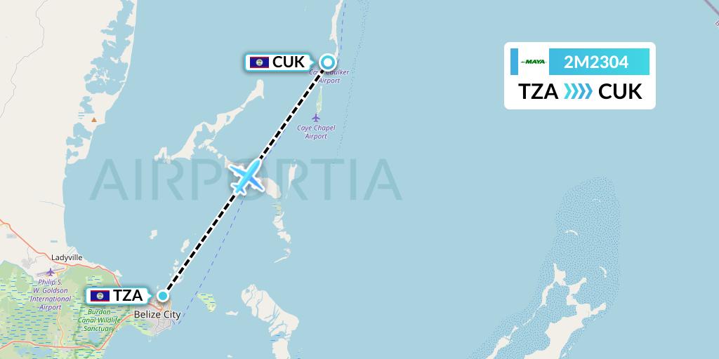 2M2304 Maya Island Air Flight Map: Belize City to Caye Caulker