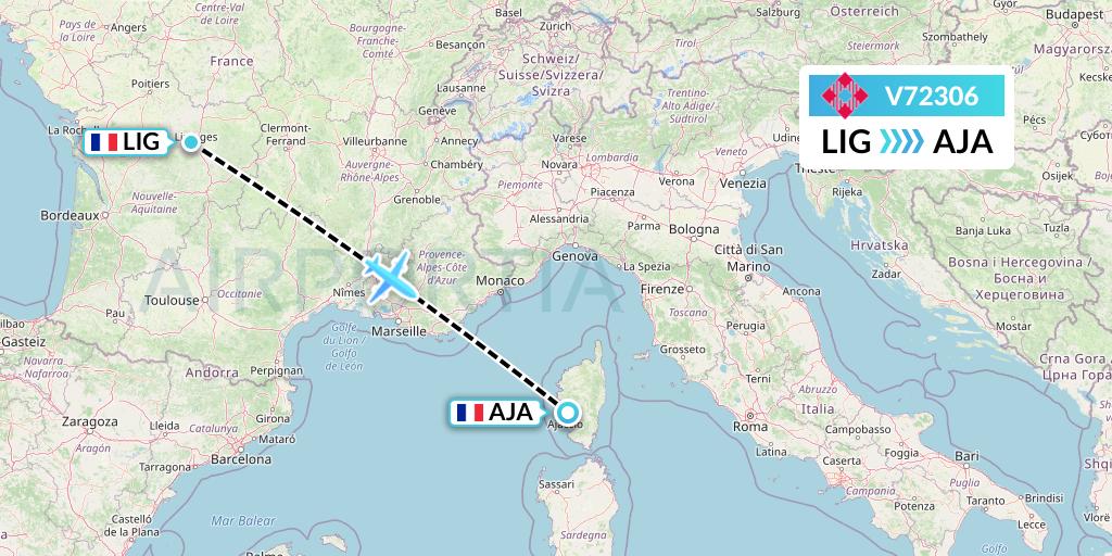 V72306 Volotea Flight Map: Limoges to Ajaccio
