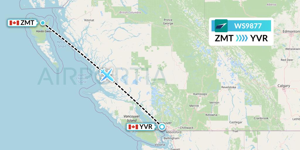 WS9877 WestJet Flight Map: Masset to Vancouver