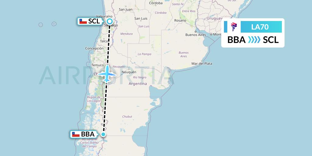LA70 LAN Airlines Flight Map: Balmaceda to Santiago