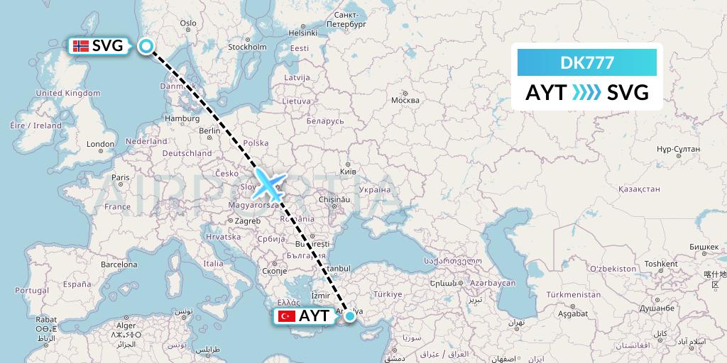 DK777 Thomas Cook Airlines Scandinavia Flight Map: Antalya to Stavanger
