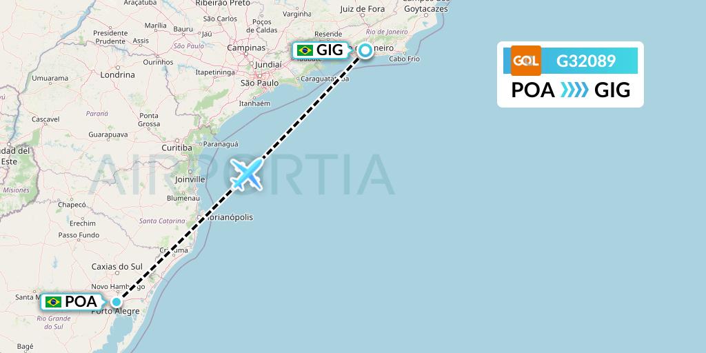 G32089 GOL Transportes Aeros Flight Map: Porto Alegre to Rio de Janeiro