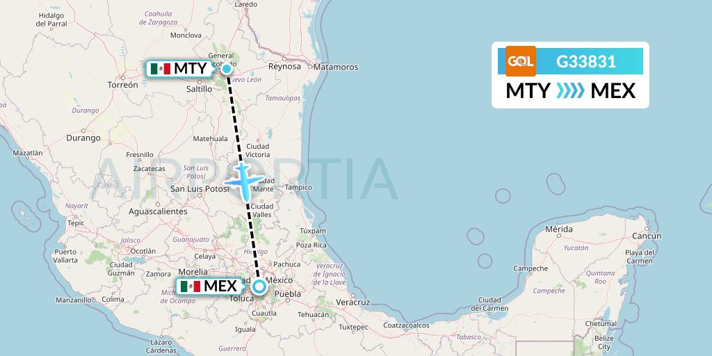 G33831 GOL Transportes Aeros Flight Map: Monterrey to Mexico City