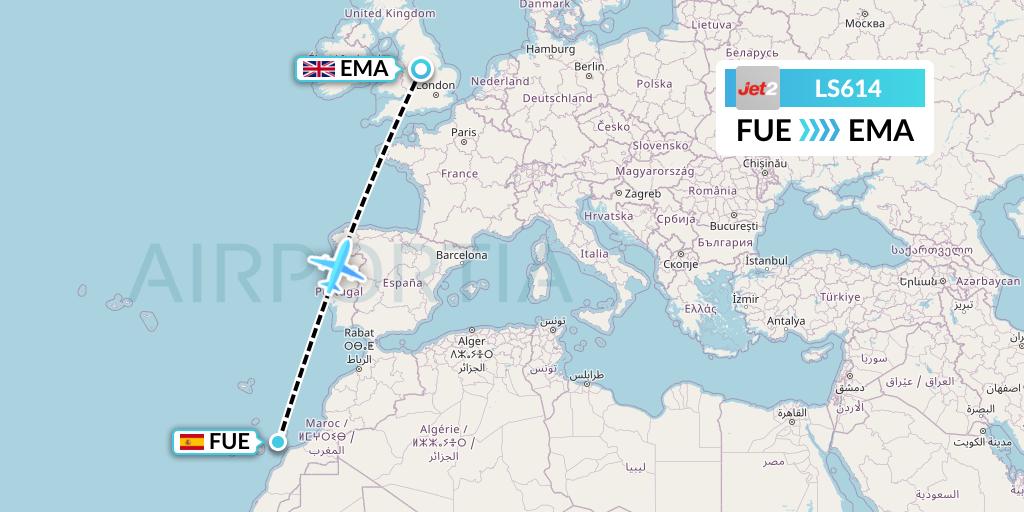 LS614 Jet2 Flight Map: Fuerteventura to East Midlands