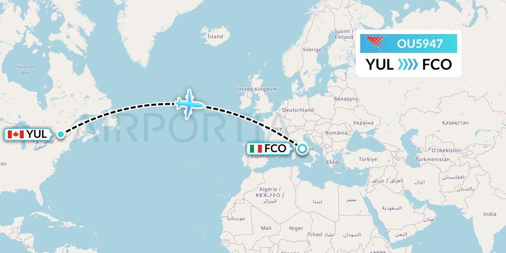 OU5947 Croatia Airlines Flight Map: Montreal to Rome