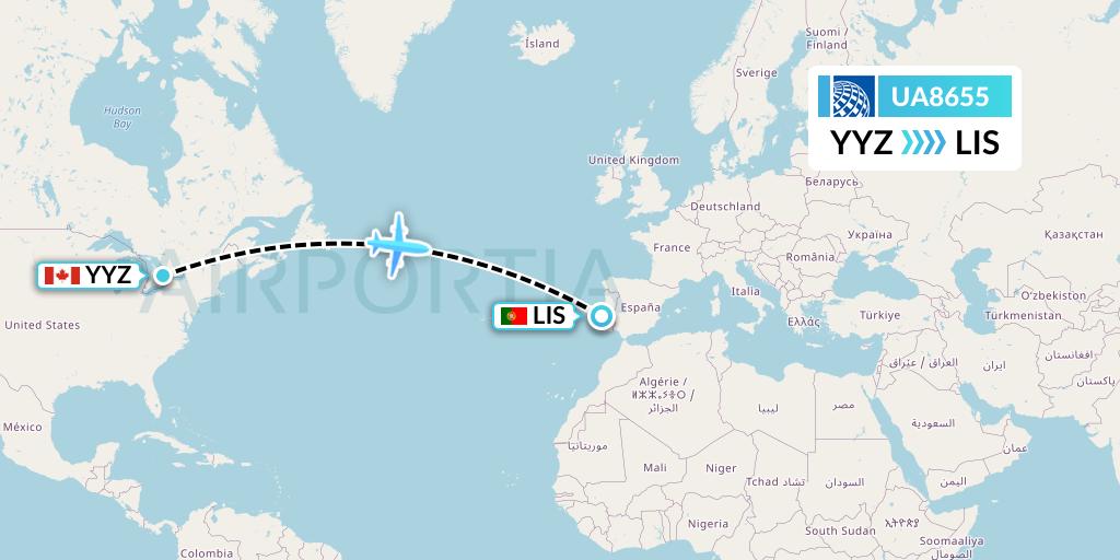 UA8655 United Airlines Flight Map: Toronto to Lisbon