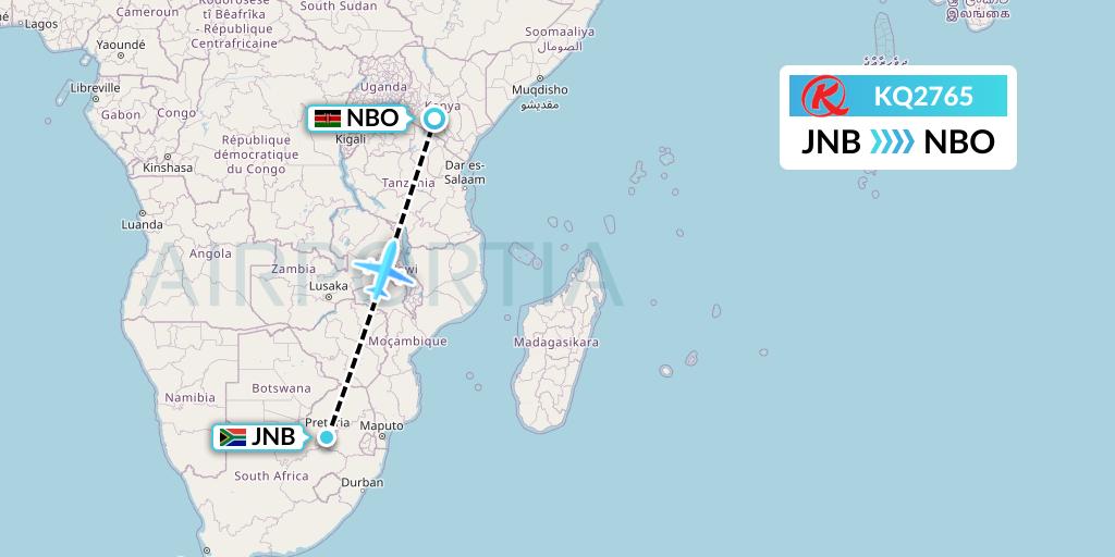 KQ2765 Kenya Airways Flight Map: Johannesburg to Nairobi