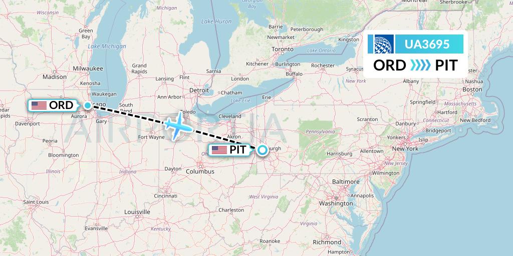 UA3695 United Airlines Flight Map: Chicago to Pittsburgh