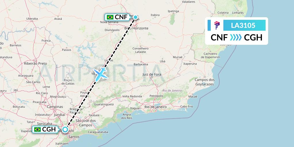 LA3105 LAN Airlines Flight Map: Belo Horizonte to Sao Paulo