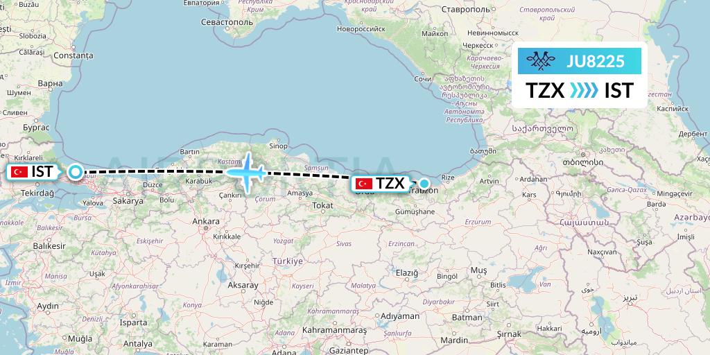 JU8225 AirSERBIA Flight Map: Trabzon to Istanbul