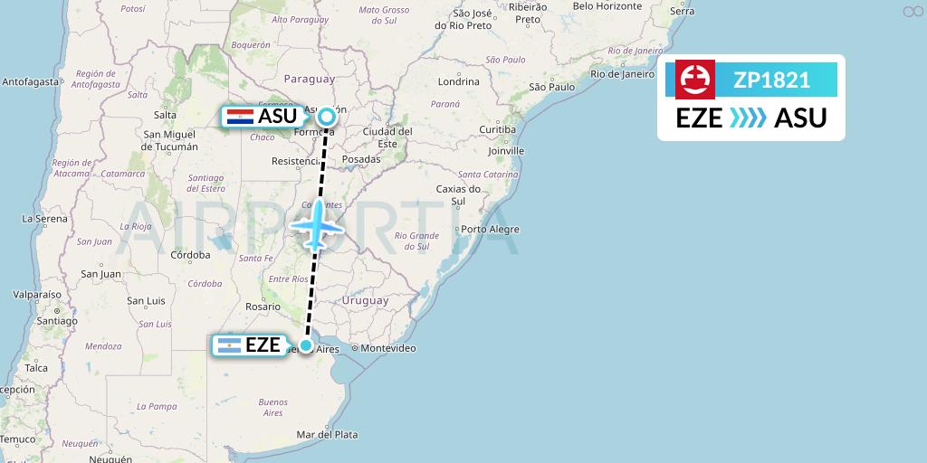 ZP1821 Paranair Flight Map: Buenos Aires to Asuncion