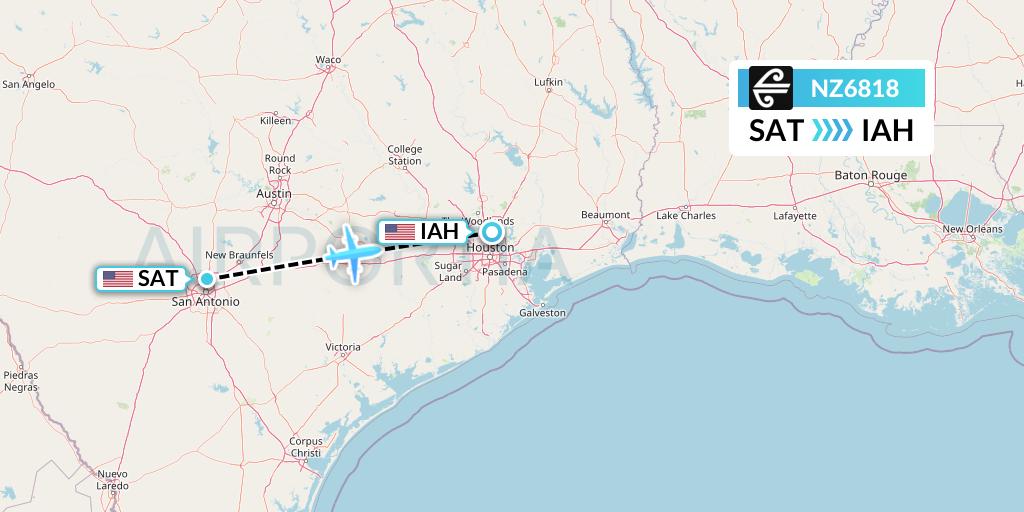 NZ6818 Air New Zealand Flight Map: San Antonio to Houston