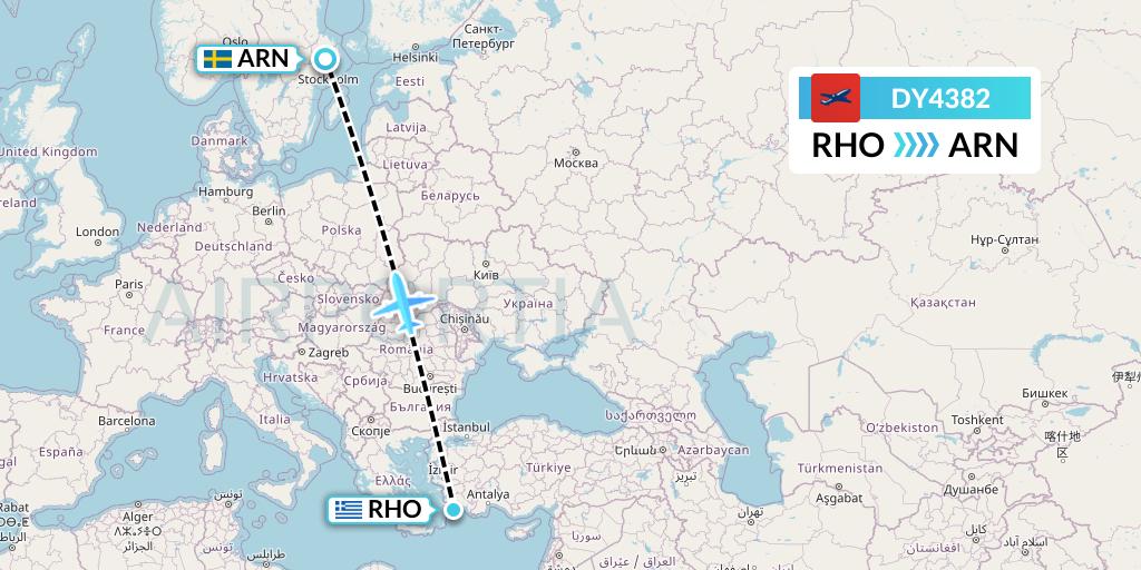 DY4382 Norwegian Flight Map: Rhodes to Stockholm
