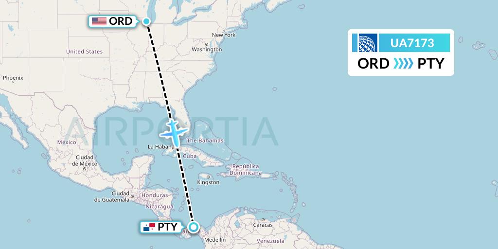 UA7173 United Airlines Flight Map: Chicago to Panama City