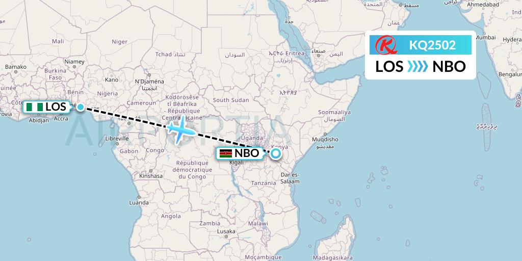 KQ2502 Kenya Airways Flight Map: Lagos to Nairobi