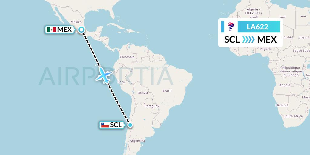 LA622 LAN Airlines Flight Map: Santiago to Mexico City