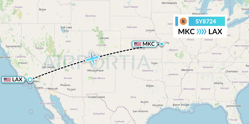 SY8724 Sun Country Airlines Flight Map: Kansas City to Los Angeles