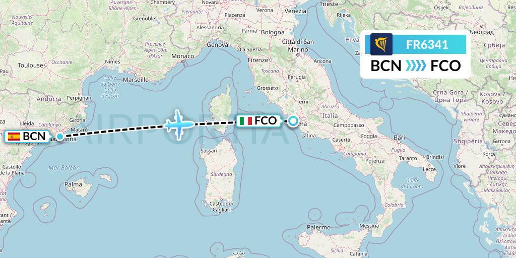 FR6341 Ryanair Flight Map: Barcelona to Rome