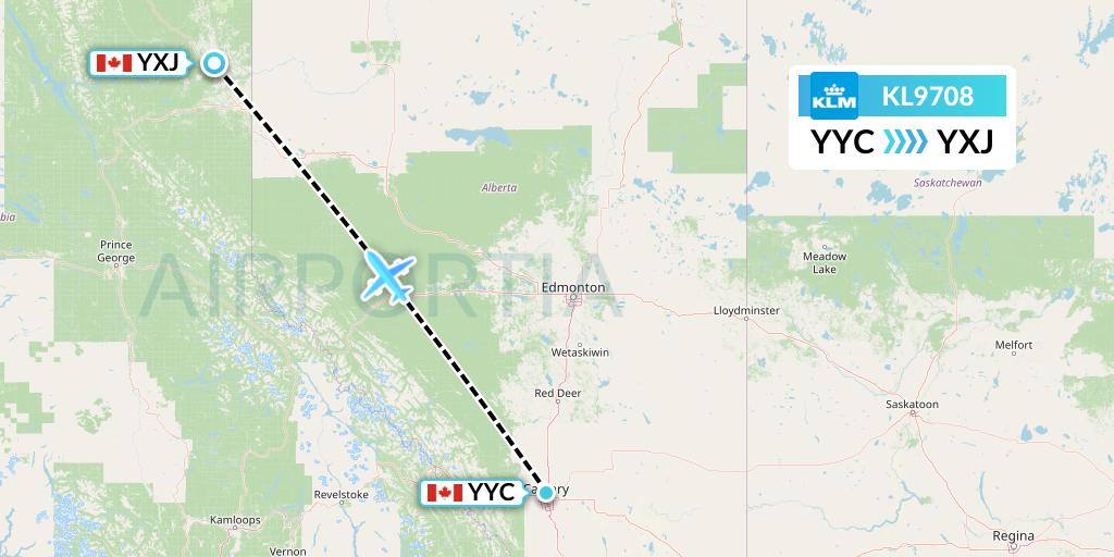 KL9708 KLM Flight Map: Calgary to Fort St. John