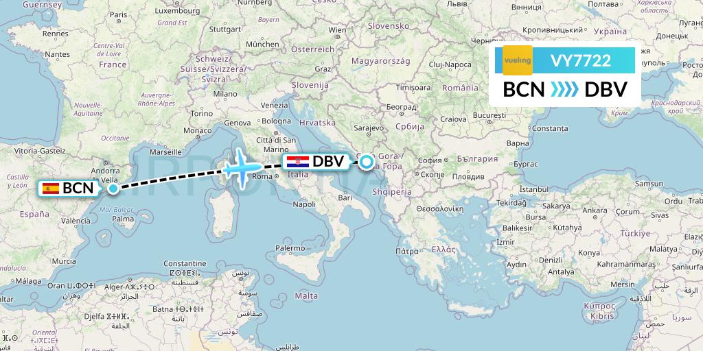 VY7722 Vueling Flight Map: Barcelona to Dubrovnik