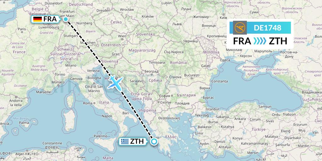 DE1748 Condor Flight Map: Frankfurt to Zakynthos