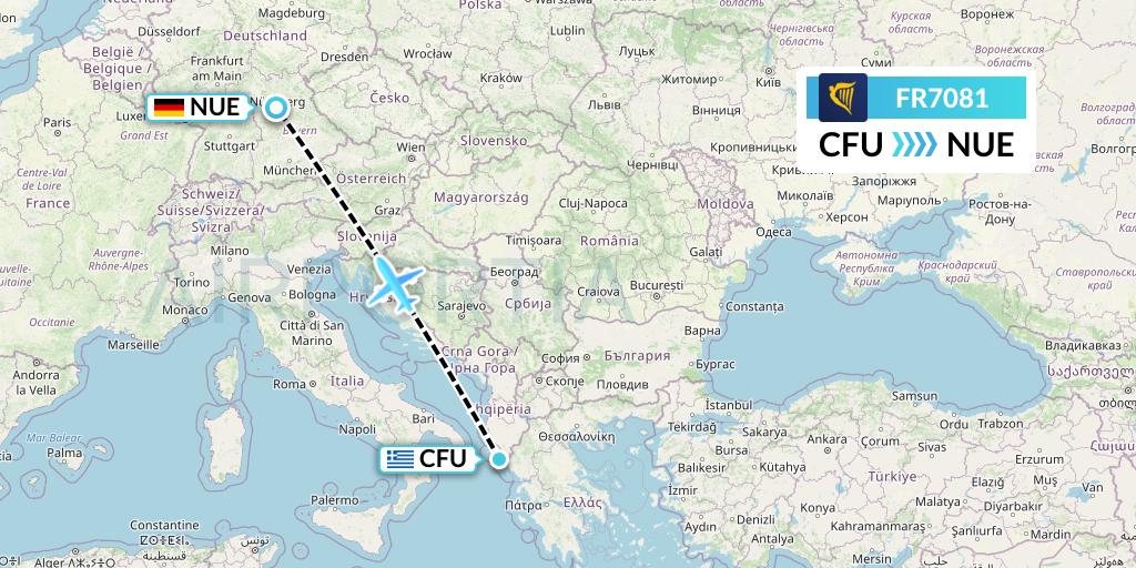 FR7081 Ryanair Flight Map: Corfu to Nurnberg