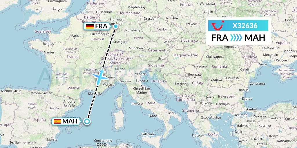 X32636 TUI fly Germany Flight Map: Frankfurt to Mahon