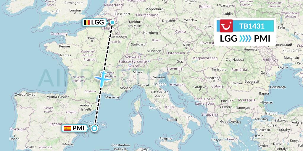 TB1431 TUI fly Belgium Flight Map: Liege to Palma de Mallorca