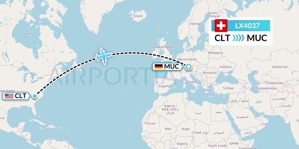 LX4037 Swiss Flight Map: Charlotte to Munich
