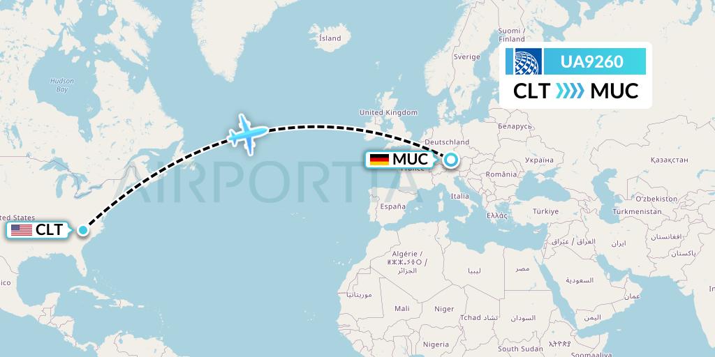 UA9260 United Airlines Flight Map: Charlotte to Munich