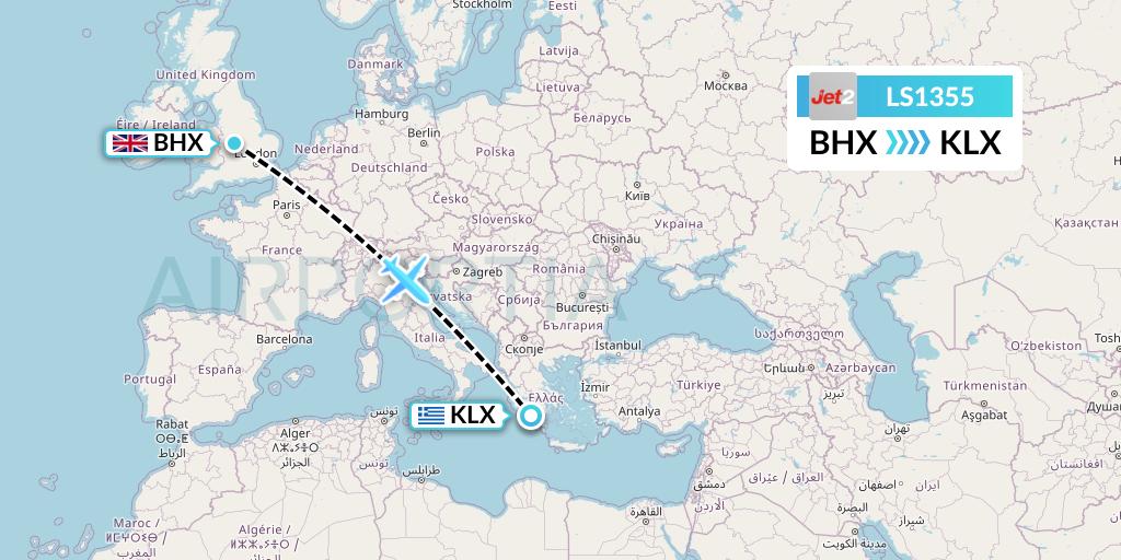 LS1355 Jet2 Flight Map: Birmingham to Kalamata