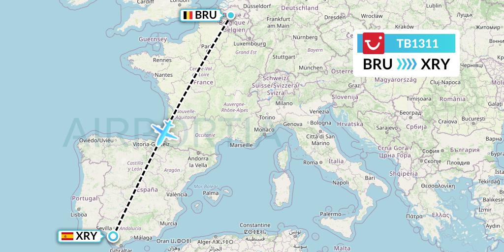 TB1311 TUI fly Belgium Flight Map: Brussels to Jerez